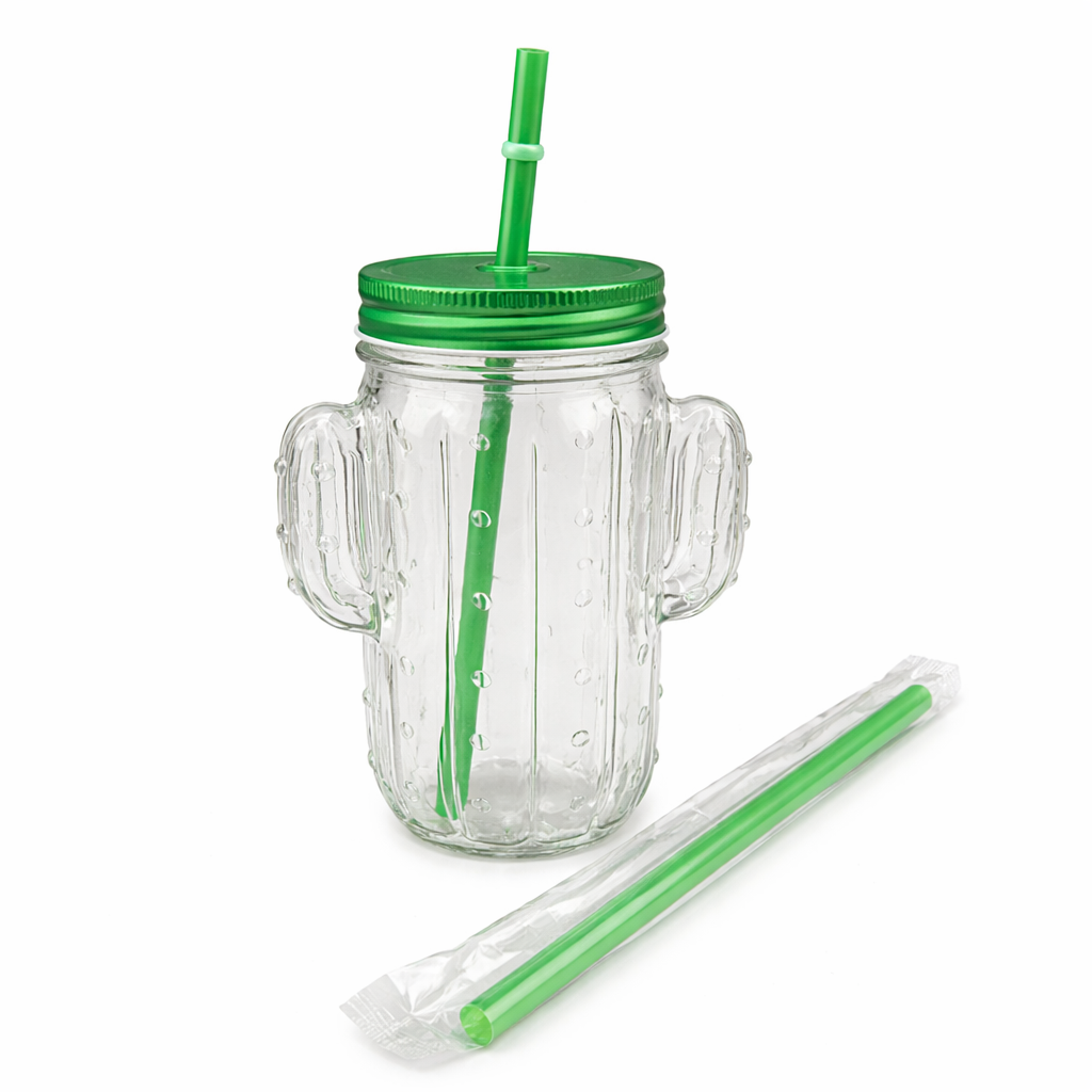 Cactus Glass Cup With Lid and Straw Drinking Jar