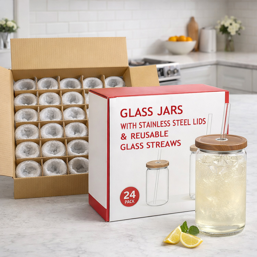 Glass Drinking Jar with Stainless Steel Lid & Glass Straw