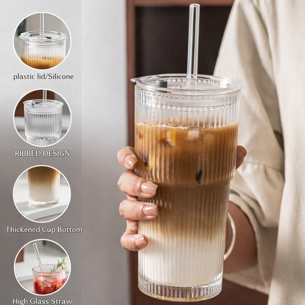 Straw Ribbed Glass Coffee Cup 
