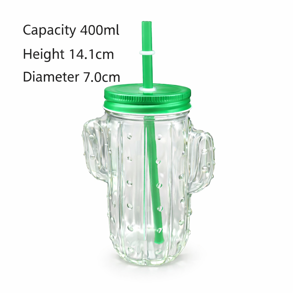 Cactus Glass Cup With Lid and Straw Drinking Jar