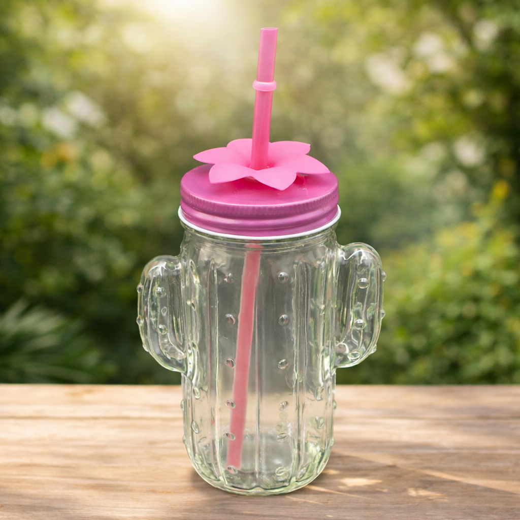 Cactus Glass Cup With Lid and Straw Drinking Jar