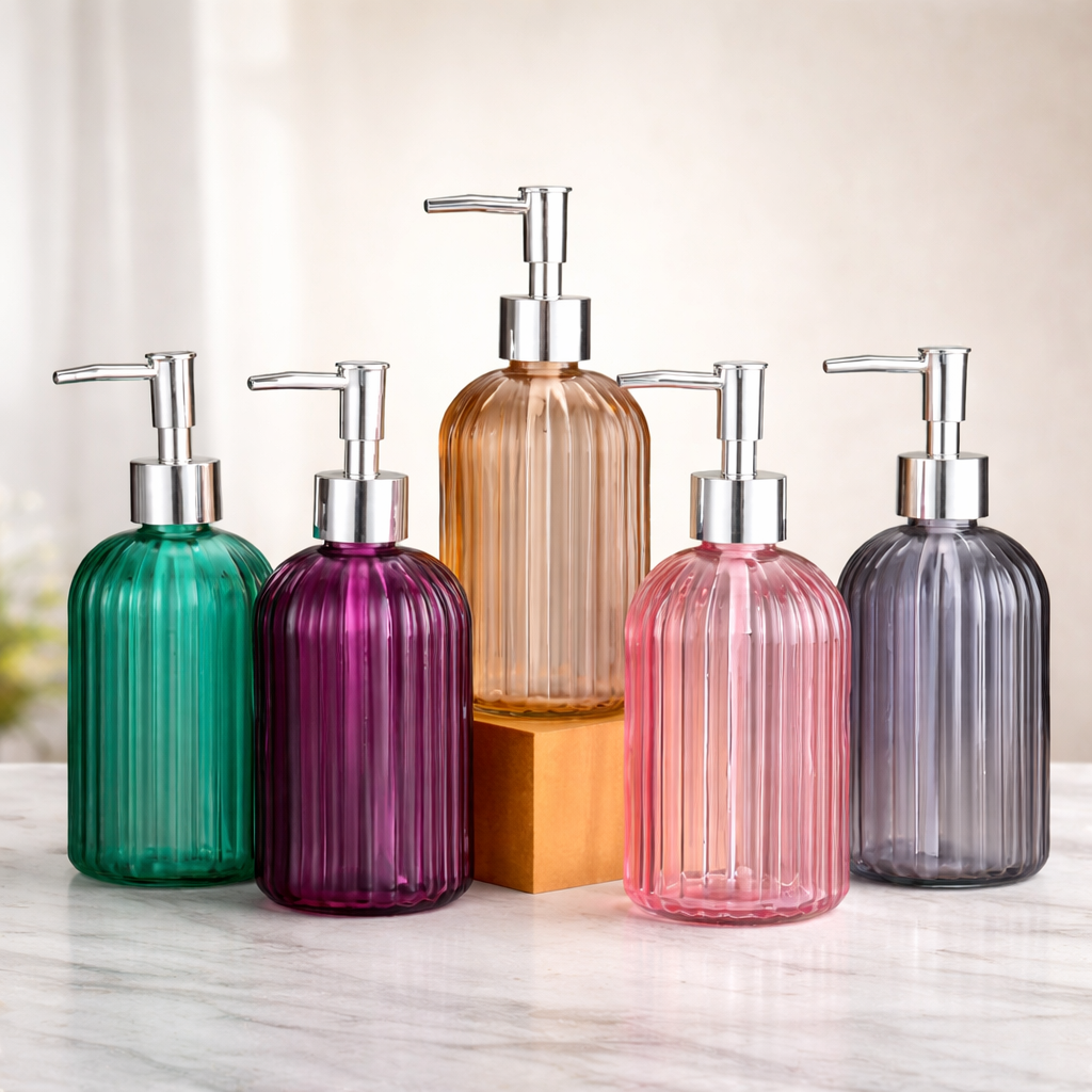 Factory Direct Ribbed Glass Soap Dispenser Bottle with Pump Refillable Lotion Dispenser for Bathroom Kitchen OEM Customizable