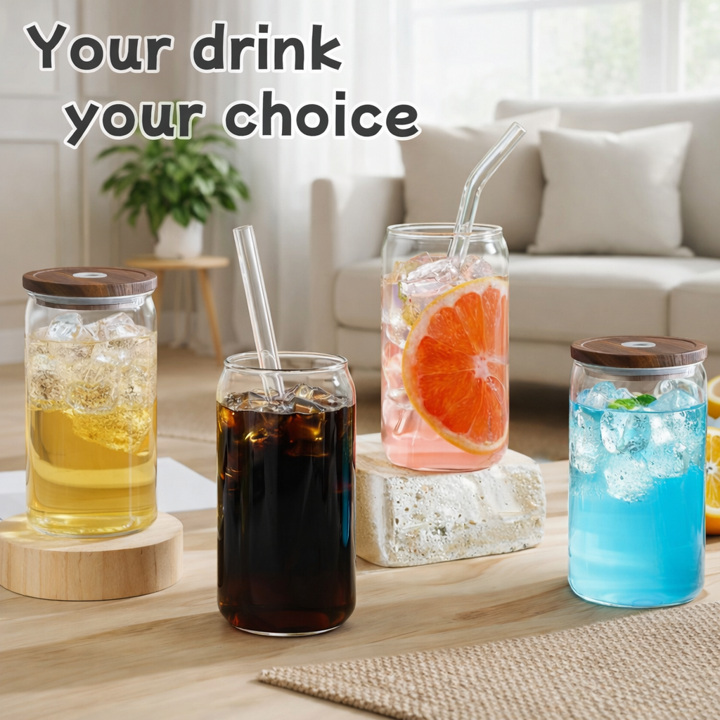 Glass Drinking Jar with Stainless Steel Lid & Glass Straw