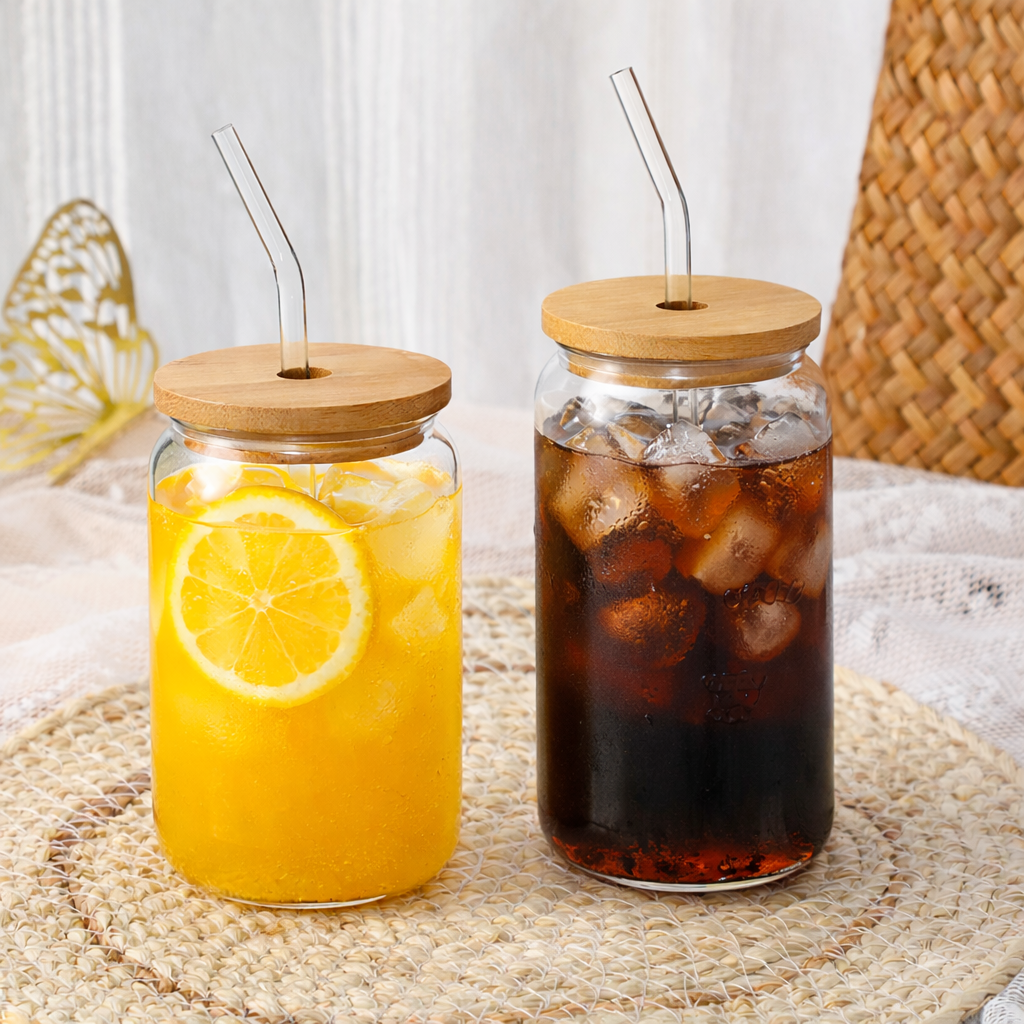 Bamboo Lid Glass Coke Cup