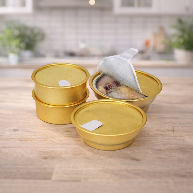 Pet food aluminum can with easy-open lid.